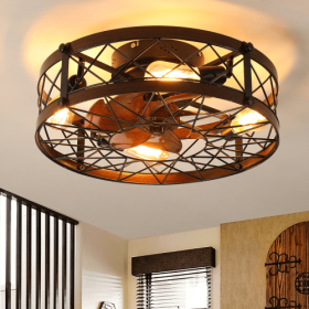 Cage Ceiling Fan With Light, Black, Recessed Ceiling Fan Light, Farmhouse Small Ceiling Fan With Light Fixture, Bedroom Reversible Fan - E26 Bulb Incl