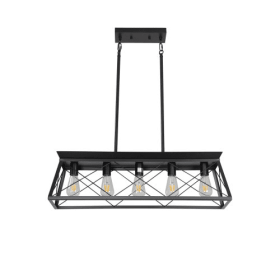 5 Lamps Farmhouse Chandelier For Dining Room, Metal Rustic Chandelier Island Lamp, Modern Rectangular Island Lamp For Kitchen, Living Room Pure Black