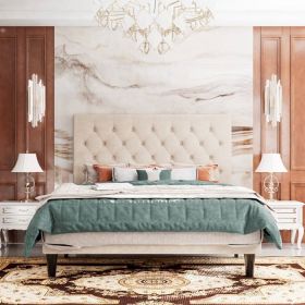 King Size Beige Linen Upholstered Platform Bed with Button-Tufted Headboard