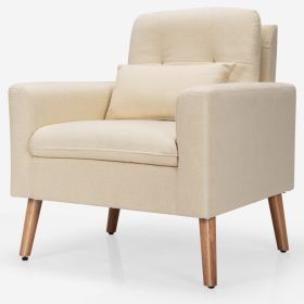 Beige Linen Mid-Century Modern Living Room Accent Chair with Pillow