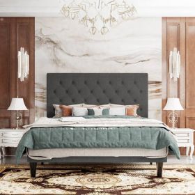 King Size Adjustable Height Grey Linen Tufted Low Profile Platform Bed