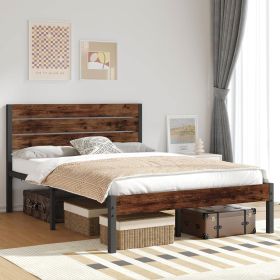 Full size Modern Farmhouse Metal Platform Bed Frame with Brown Wood Headboard