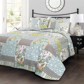 Full/Queen Boho Floral Blue Cotton Lightweight Quilt Set