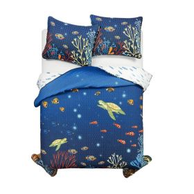 Full/Queen 3 Piece Ocean Navy Blue Clown Fish Coral Reef Reversible Quilt Set