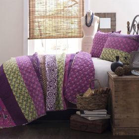 Full/Queen Vibrant Purple Yellow Boho Floral Reversible Lightweight Quilt Set