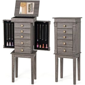 5-Drawer Jewelry Armoire Cabinet with Top Mirror in Grey Wood Finish