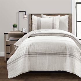 Twin/Twin XL Grey Off-White 2 Piece Stripe Reversible Cotton Quilt Set