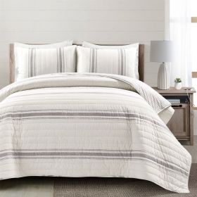 Full / Queen Grey Off-White 3 Piece Stripe Reversible Cotton Quilt Set