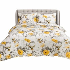 King size 3 Piece White Yellow Grey Reversible Floral Birds Cotton Quilt Set