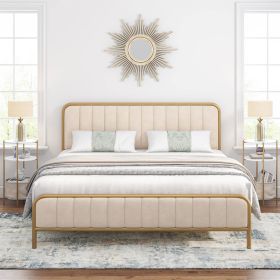 King size Gold Metal Platform Bed Frame with Off-White Upholstered Headboard