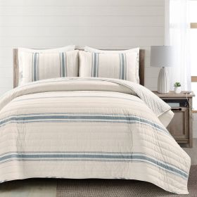 King size Blue Off-White Cream Stripe 3 Piece Reversible Cotton Quilt Set