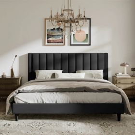 King size Black Velvet Upholstered Platform Bed Frame with Headboard