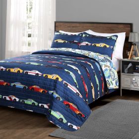 Twin Size Lightweight Navy Race Cars 2 Piece Quilt Set