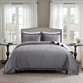 Queen Gray Charcoal Velvet Microfiber Polyester Reversible 3-Piece Quilt Set