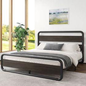 Queen Heavy Duty Round Metal Frame Platform Bed with Black Wood Panel Headboard