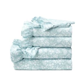 Queen Size Polyester Blue Ruffle Floral 6 Piece Sheet Set