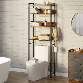 Over the Toilet Storage Freestanding Modern Black Metal Brown Wood Shelving Unit