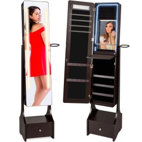 Dark Brown Jewelry Cabinet Freestanding Full Length Mirror with LED Lights