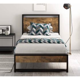 Twin size Metal Wood Platform Bed Frame with Industrial Headboard