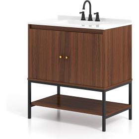 Modern Freestanding Bathroom Vanity in Walnut Wood Finish with Sink and Faucet