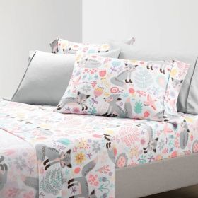 Twin size Pink Grey White Teal Floral Fox Birds Soft Polyester 4 Piece Sheet Set