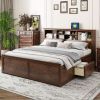 King Size Wood Platform Bed with Multi-storage Headboard, USB and Drawers, Antique Wood Color