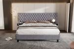 King Size Platform Bed with Headboard, Modern Velvet Upholstered Platform Bed with 2 Nightstands, with diamond tufted, Grey