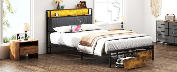 Twin Size Bed Frame Upholstered Platform Bed Frame with Storage Drawers, USB Ports, LED Lights, Upholstered Wingback Headboard, Rustic Brown