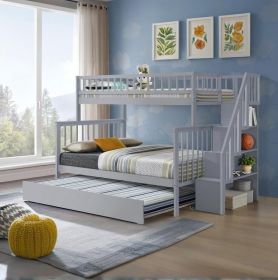 Twin over Full Stairway Bunk Bed with Trundle,Gray