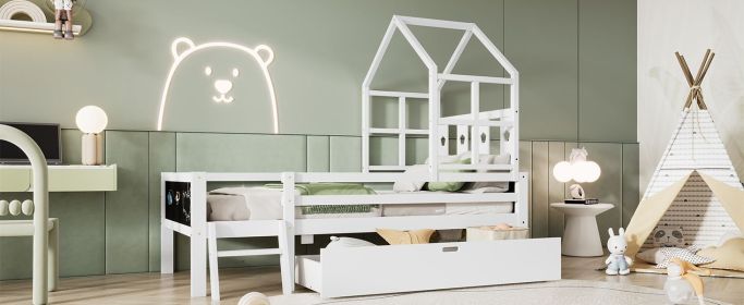 Twin Size House Bed with Ladder and Storage Drawers for Kid Bedroom,Solid Wood Platfrom Bedframe with 2 Blackboard Design, No Box Spring Needed, White