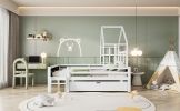 Full Size House Bed with Ladder and Storage Drawers for Kid Bedroom,Solid Wood Platfrom Bedframe with 2 Blackboard Design, No Box Spring Needed, White