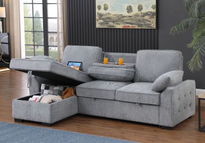 Mackenzie 91"W Light Gray Chenille Fabric Reversible Sleeper Sectional with Storage Chaise, Drop-Down Table, Cup Holders and Charging Ports