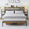 Queen Bed Frame with Storage, Platform Bed Queen Size with LED Lights and Charging Station, Dark gray velvet Headboard with Bookcase Shelves