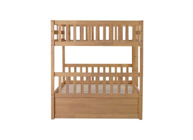 Full Over Full Rubber Wood Bunk Bed with Trundle, Ladder and Guardrails, Convertible to 2 Full Size Beds, with Twin Size Trundle,White Oak