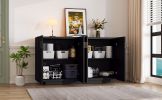 TREXM 4 Wavy Doors Ample Storage Space Sideboard with Adjustable Shelves and Retro Copper Handles for Dining Room and Living Room (BLACK)