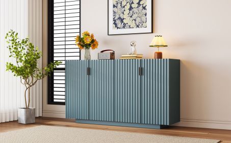 TREXM 4 Wavy Doors Ample Storage Space Sideboard with Adjustable Shelves and Retro Copper Handles for Dining Room and Living Room (ANTIQUE BLUE)