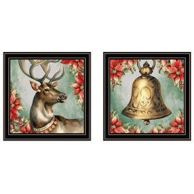 Trendy Decor 4U 2-Piece Vignette Old World Reindeer & Bell Black Framed Wall Art for Living Room, Holiday Wall Art Print for Home Decor