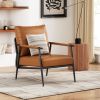 Mid-Century Modern Accent Chair with Brown Faux Leather Upholstery, Padded High Backrest, Metal Frame and Wood Armrests, Perfect for Living Room