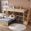 Twin over Twin Loft Bed with Built-in Desk and Staircase, With Storage Compartments and Shelves, Natural