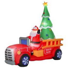 HOMCOM 7.5ft Christmas Inflatable Santa Claus Driving a Fire Truck with Tree, Outdoor Blow-Up Yard Decoration with LED Lights Display