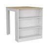 Kitchen Island Table, Two Legs, Three Side Shelves, White / Pine