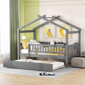 Twin Size Wooden House Bed with Twin Size Trundle, Gray