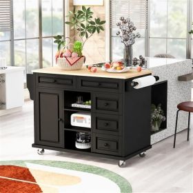 Kitchen cart with Rubber wood desktop rolling mobile kitchen island with storage and 5 draws 53 Inch length (Black)