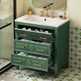 30'' Bathroom Vanity with Resin Sink Combo, Free Standing Single Vanity Set with 3 Drawers, Solid Wood Frame Bathroom Storage Cabinet, Green