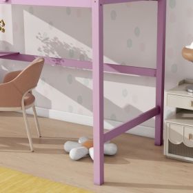 Twin High Loft Bed, Rubber Wood Loft Bed with Safety Guardrail, built-in desk, ladder,Pink