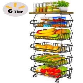 6-Tier Fruit Basket Rack, Stackable Wire Basket Cart with Solid Wood Top, Kitchen Vegetable Storage&Organization