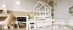 Twin Size House Bed with Ladder and Storage Drawers for Kid Bedroom,Solid Wood Platfrom Bedframe with 2 Blackboard Design, No Box Spring Needed, White