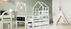 Twin Size House Bed with Ladder and Storage Drawers for Kid Bedroom,Solid Wood Platfrom Bedframe with 2 Blackboard Design, No Box Spring Needed, White