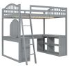 Full Wooden Loft Bed with U-shaped Desk,Storage Compartments and Tri-fold Mirror, Gray