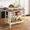 Solid Wood Rustic 45" Stationary Kitchen Island, Rubber Wood Butcher Block Dining Table Prep Table with 2 Open Shelves for Small Places